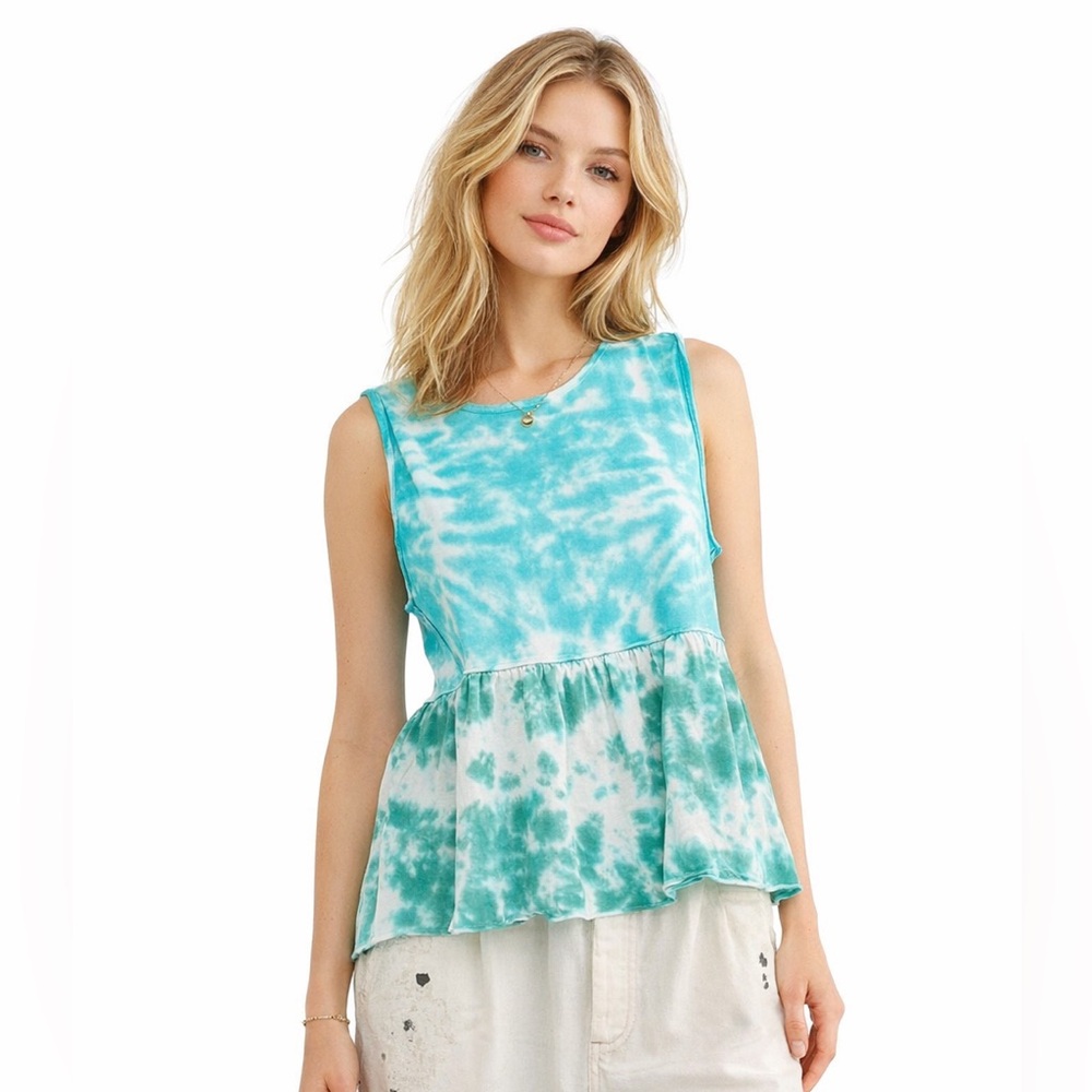Boho “Teal Waters” Anytime Tie-Dye Peplum Sleeveless Tank, 100% Cotton Beachy